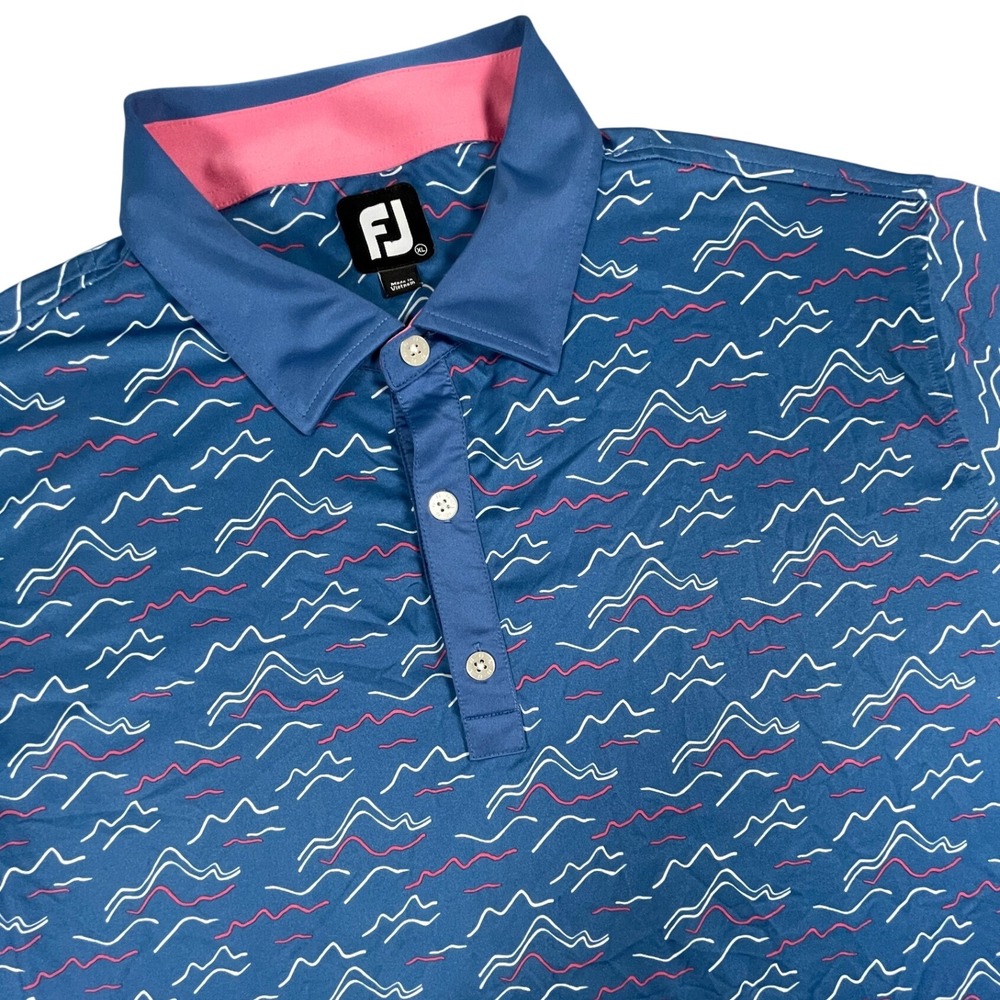 FootJoy Polo Shirt Mens XL Blue Wavy Line Print Performance Golf Short Sleeve